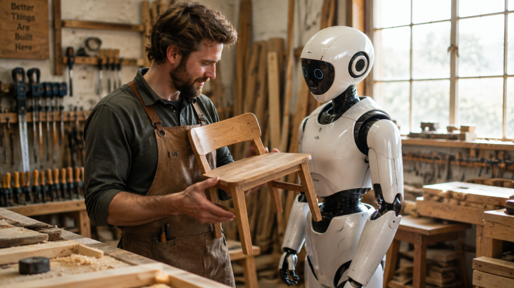 Asztalos mester egy kész faterméket mutat egy humanoid robotnak az asztalosműhelyben