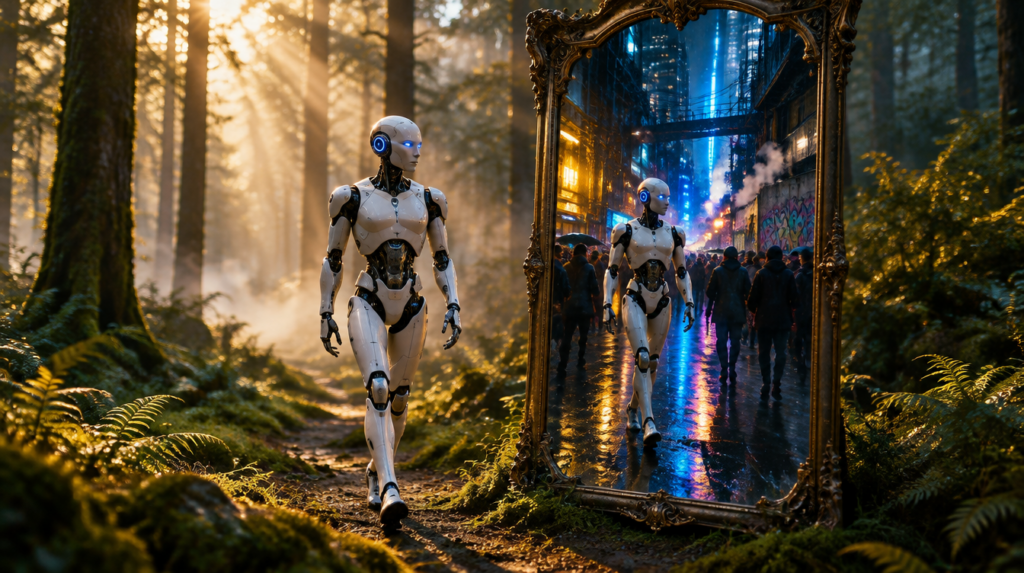 Humanoid robot sétál egy nyugodt erdőben, a tükörképe ugyanez a robot egy zsúfolt, neonfényes posztpunk város utcáin – az AI fejlődési ütemének szimbóluma