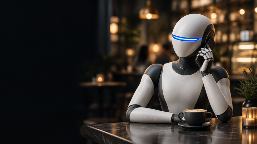 Humanoid AI robot telefonál egy kávézóban, a Google Call for Me AI-hívás funkciót szemléltetve
