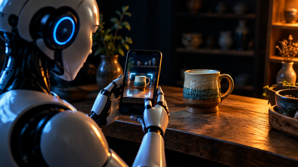 Robot okostelefonnal képes keresést indít egy kerámia bögrére, a Google Lenshez hasonlóan